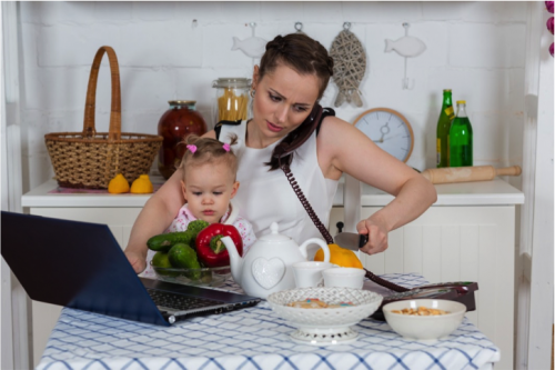 woman juggling work children isolation